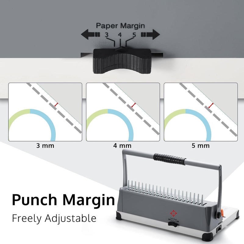 OFFNOVA Binding Machine, 21-Hole 450 Sheets Paper Comb Binding Machine for Letter Size / A4 / A5 Paper, Easy to Punch Handle, Adjustable Margin, Book Binder with 100 PCS 3/8'' Comb Binding Spines - Image 4